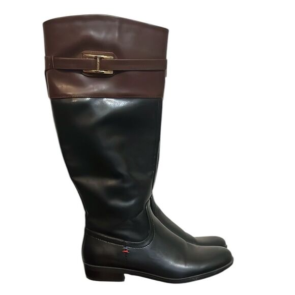 Tommy Hilfiger Black Brown Zip Up Knee Length Riding Boots Classic Women’s 8 - Picture 1 of 11